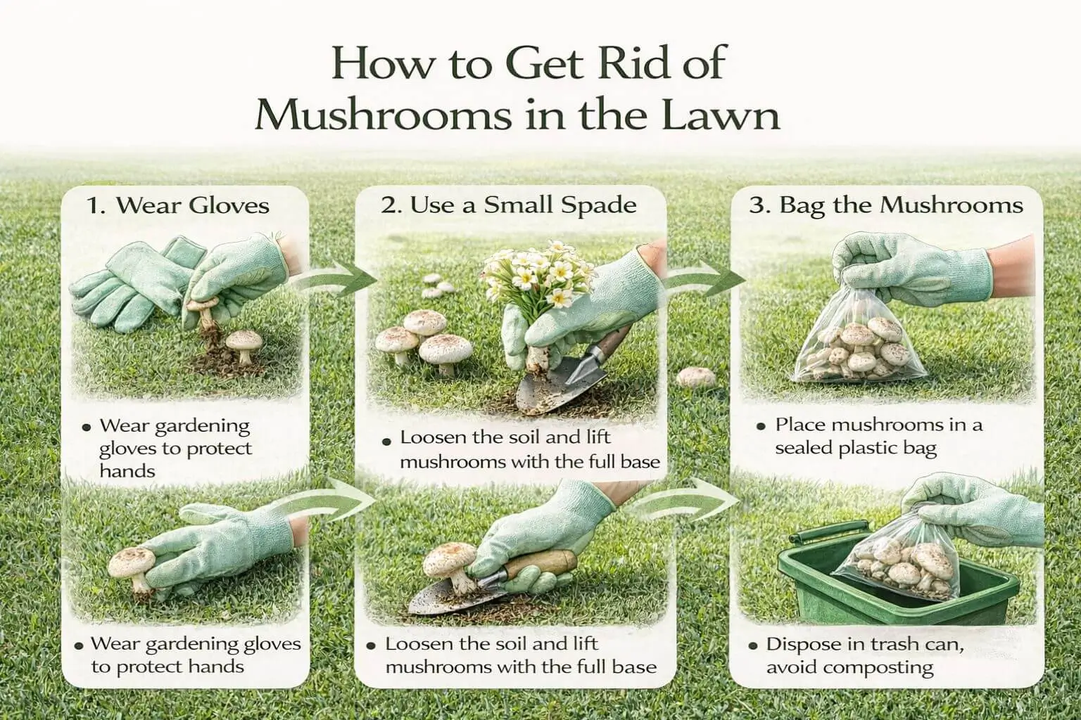 How to get rid of mushrooms in the lawn manually – step-by-step infographic for safe removal.