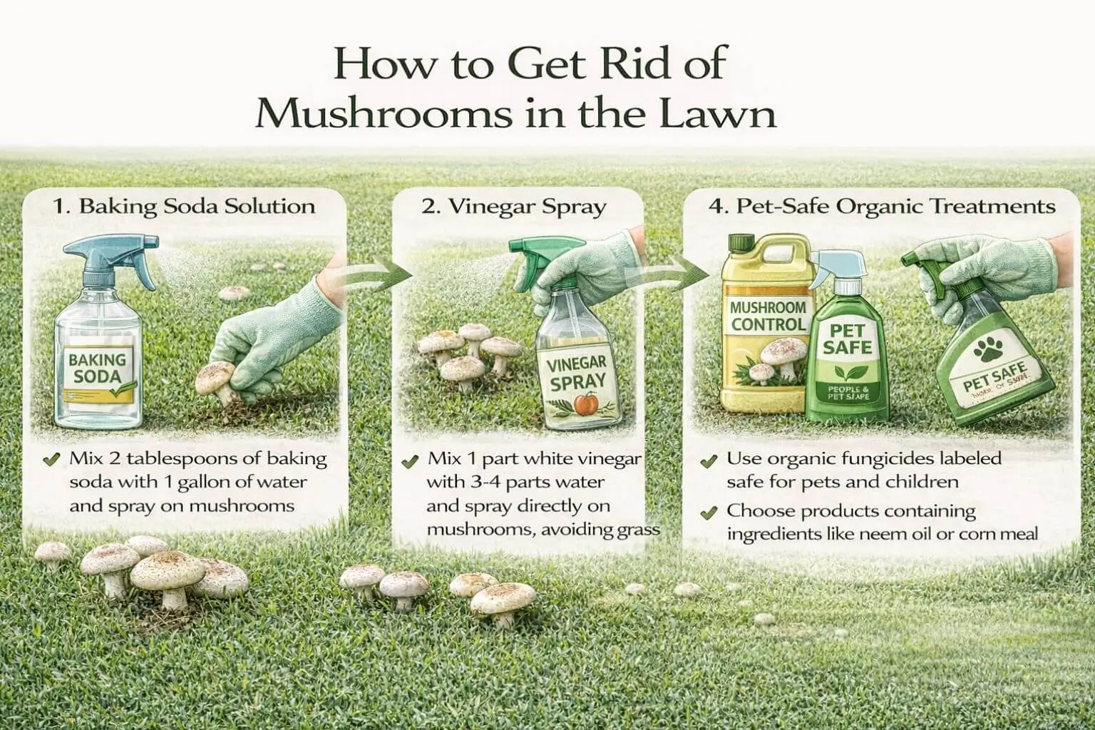 How to get rid of mushrooms in the lawn naturally using baking soda and vinegar solutions.