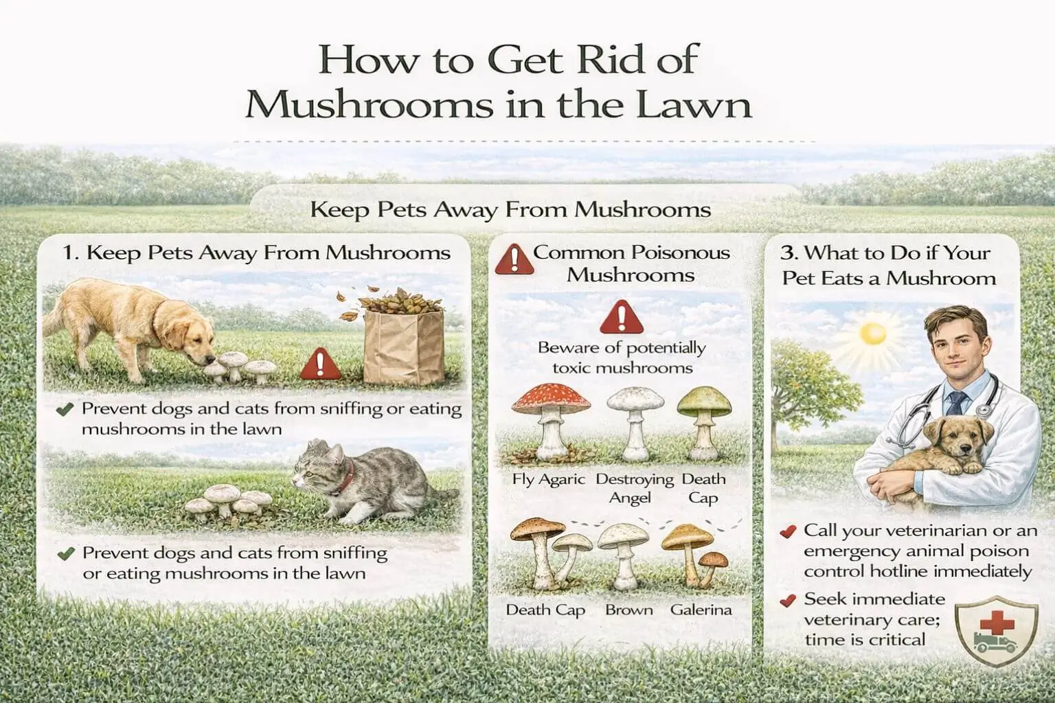 How to get rid of mushrooms in the lawn safely – infographic for pet safety and poisonous mushroom awareness.