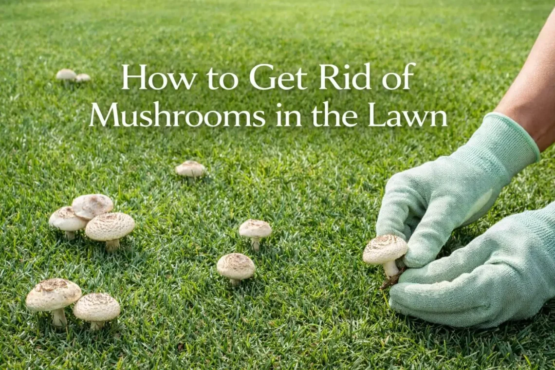 How to get rid of mushrooms in the lawn – homeowner removing lawn mushrooms safely.