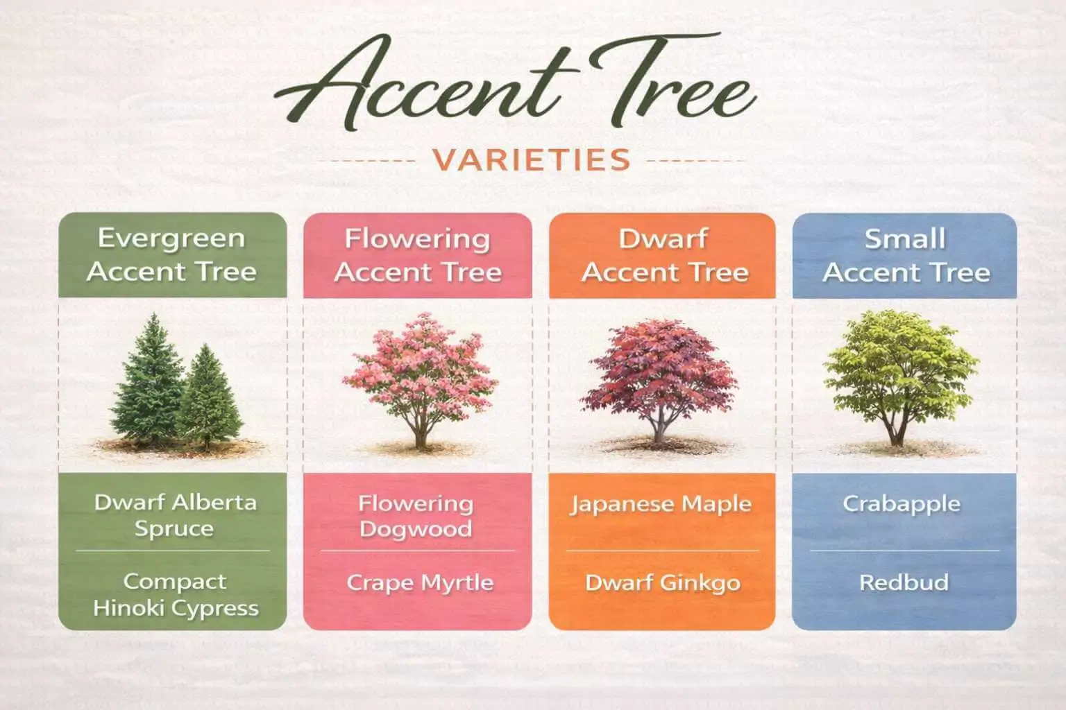 SEO infographic of accent tree varieties including evergreen, flowering, and small accent trees.