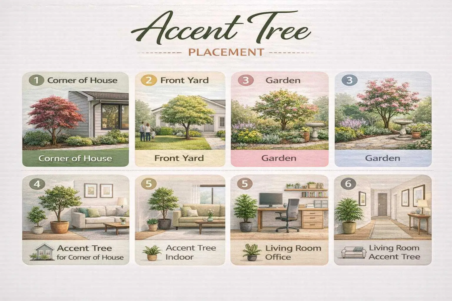 AIO infographic showing outdoor and indoor placement of accent trees for optimal design and space balance.