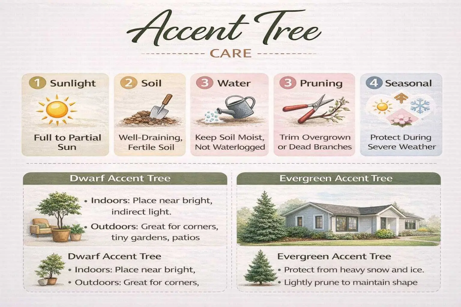 AEO infographic showing growth, pruning, and seasonal care tips for accent trees indoors and outdoors.