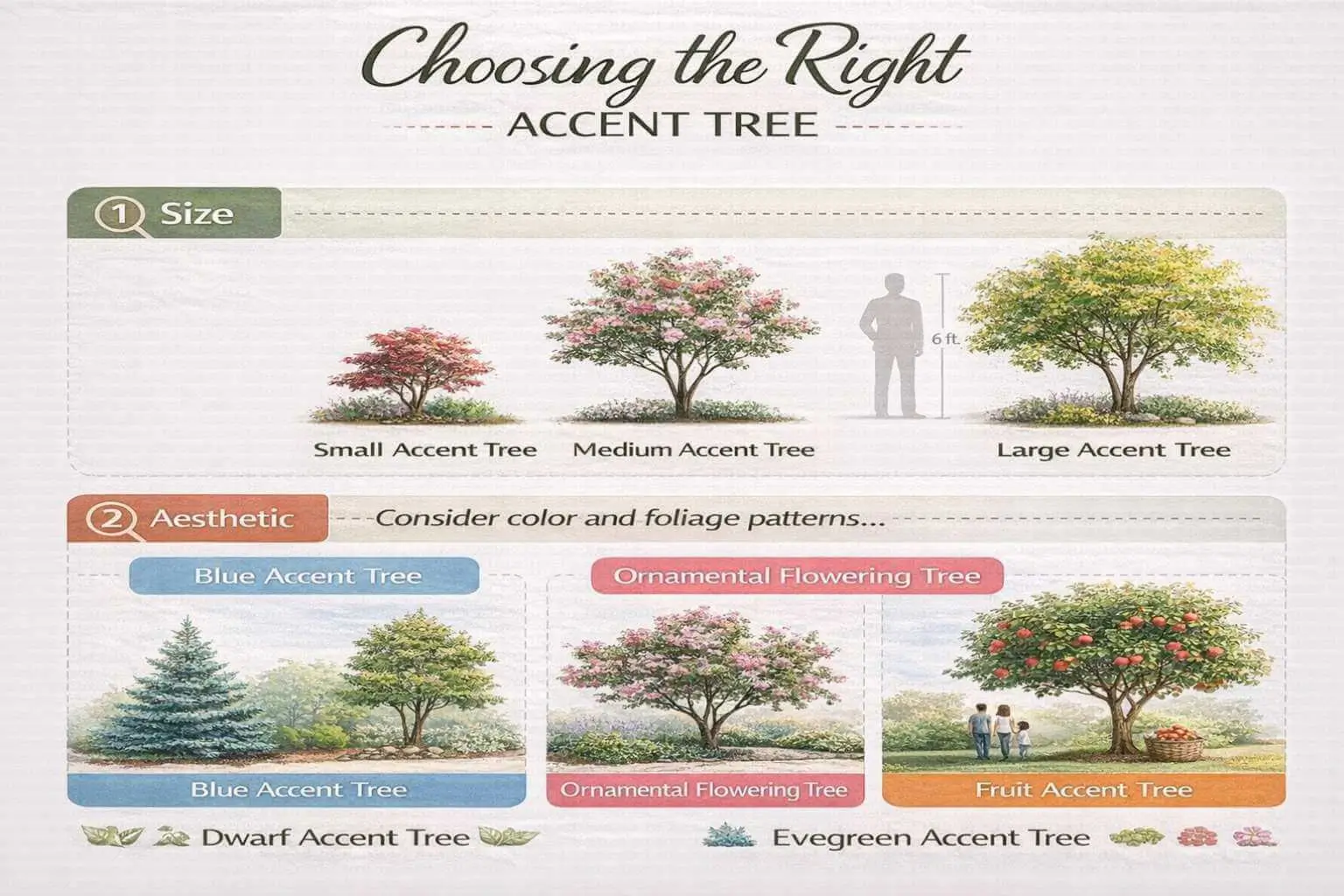 GEO infographic displaying selection guide for accent tree size, color, foliage, and functional uses.