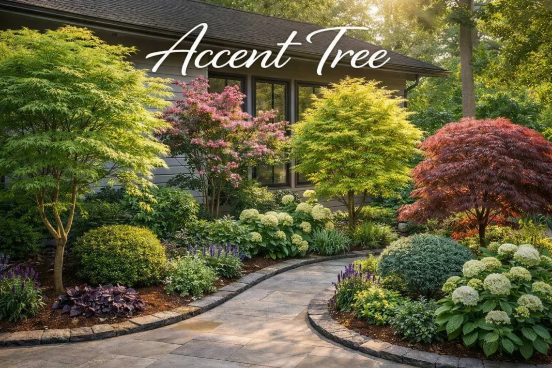 Accent tree in a landscaped garden corner highlighting outdoor decorative trees and small ornamental plants.