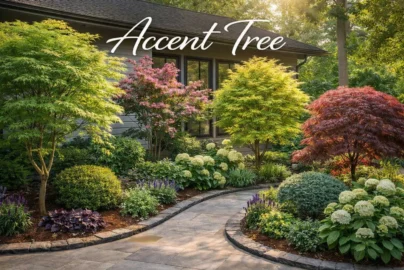 Accent tree in a landscaped garden corner highlighting outdoor decorative trees and small ornamental plants.