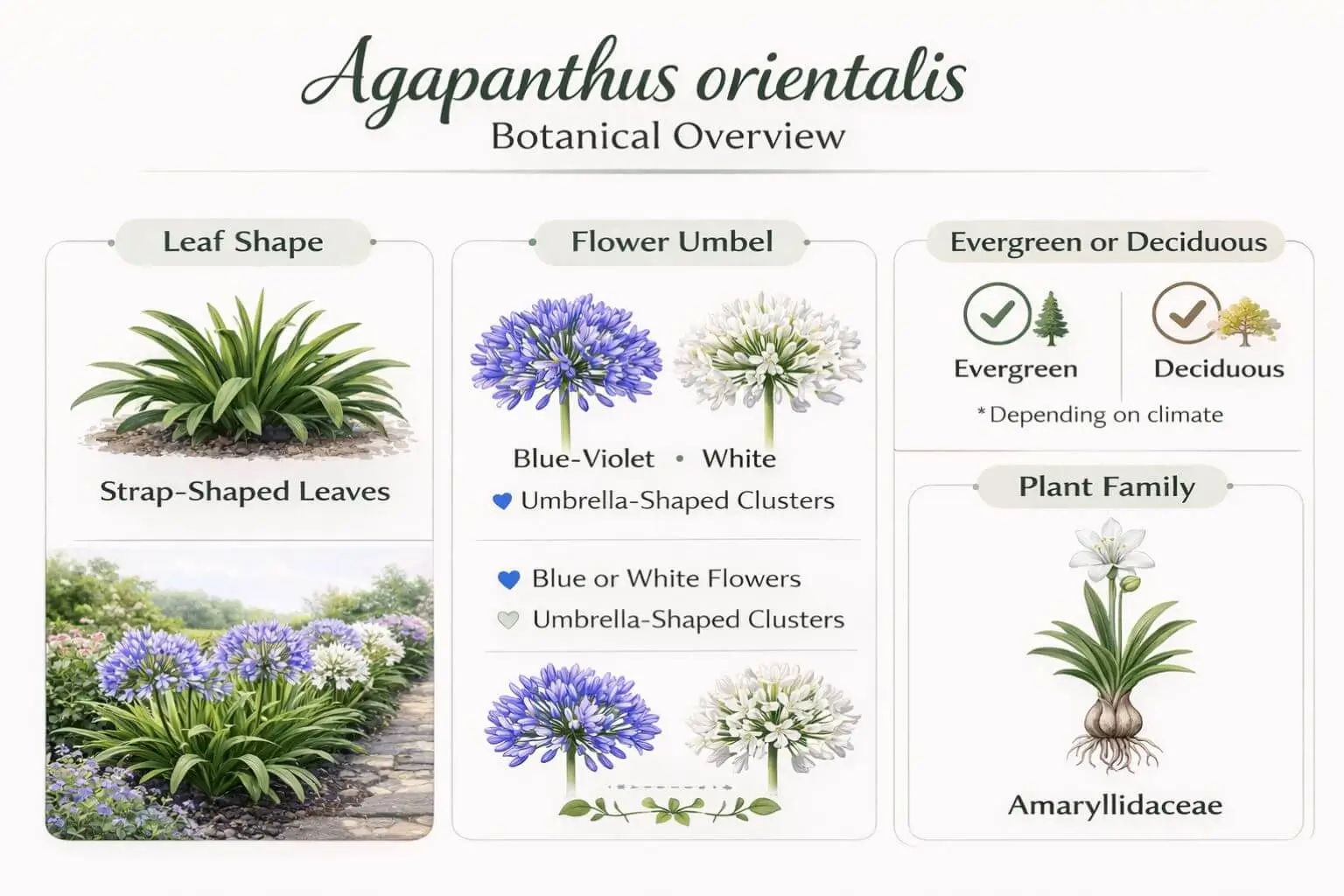 Agapanthus orientalis botanical overview showing leaf, flower, and growth traits with blue and white blooms.