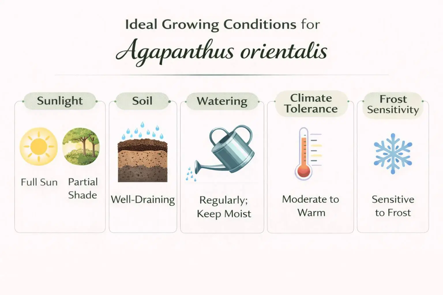 Agapanthus orientalis growing conditions including sun, soil, water, and climate tolerance for healthy blooms.