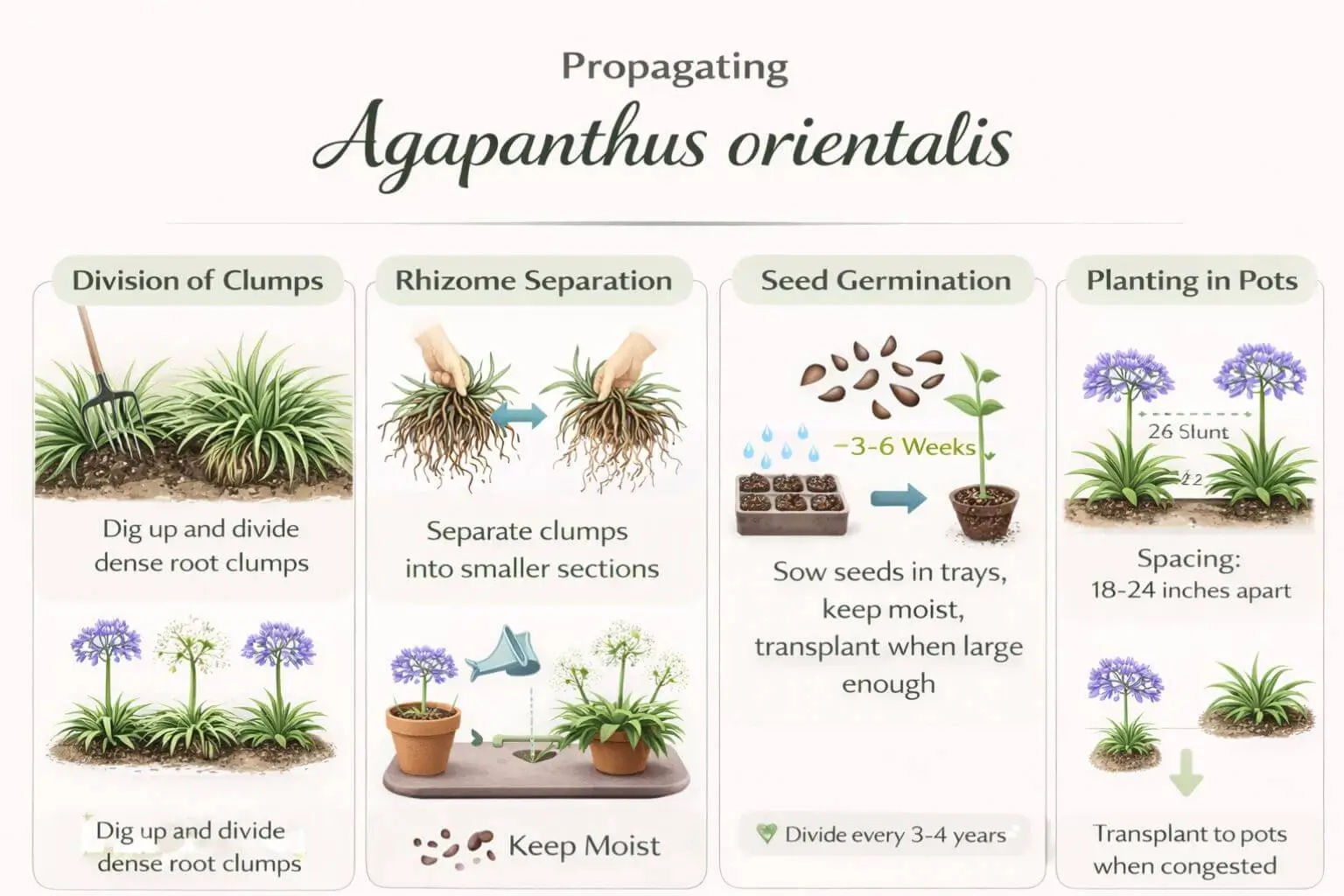 How to propagate Agapanthus orientalis: clump division, rhizome separation, seed planting, and spacing tips for gardeners.