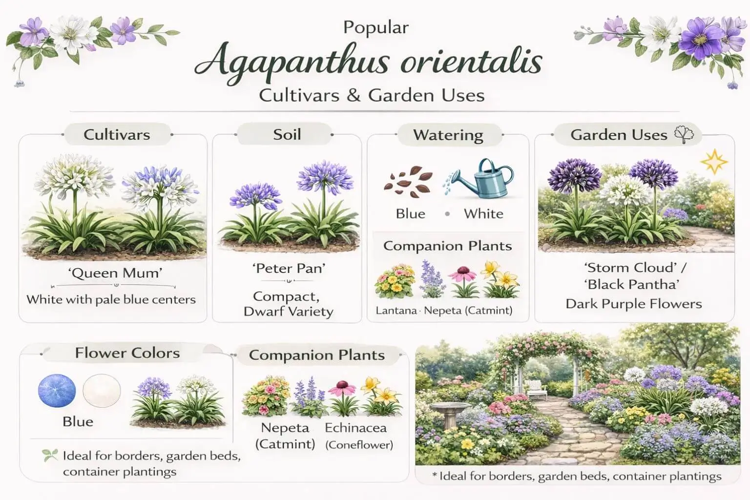 Agapanthus orientalis varieties and garden uses: Queen Mum, Peter Pan, Baby Pete, Storm Cloud, Black Pantha with planting tips.