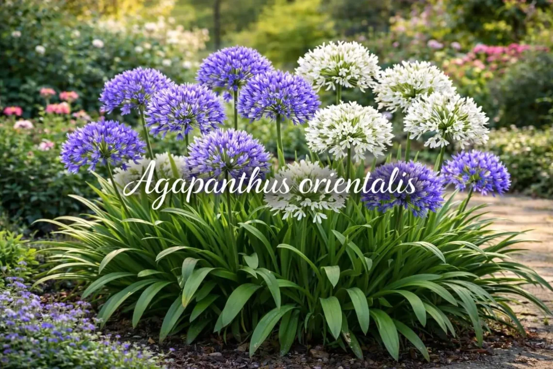 Agapanthus orientalis in full bloom with blue and white flowers, perfect garden planting example showing Lily of the Nile in sunny landscape