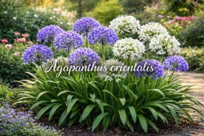 Agapanthus orientalis in full bloom with blue and white flowers, perfect garden planting example showing Lily of the Nile in sunny landscape