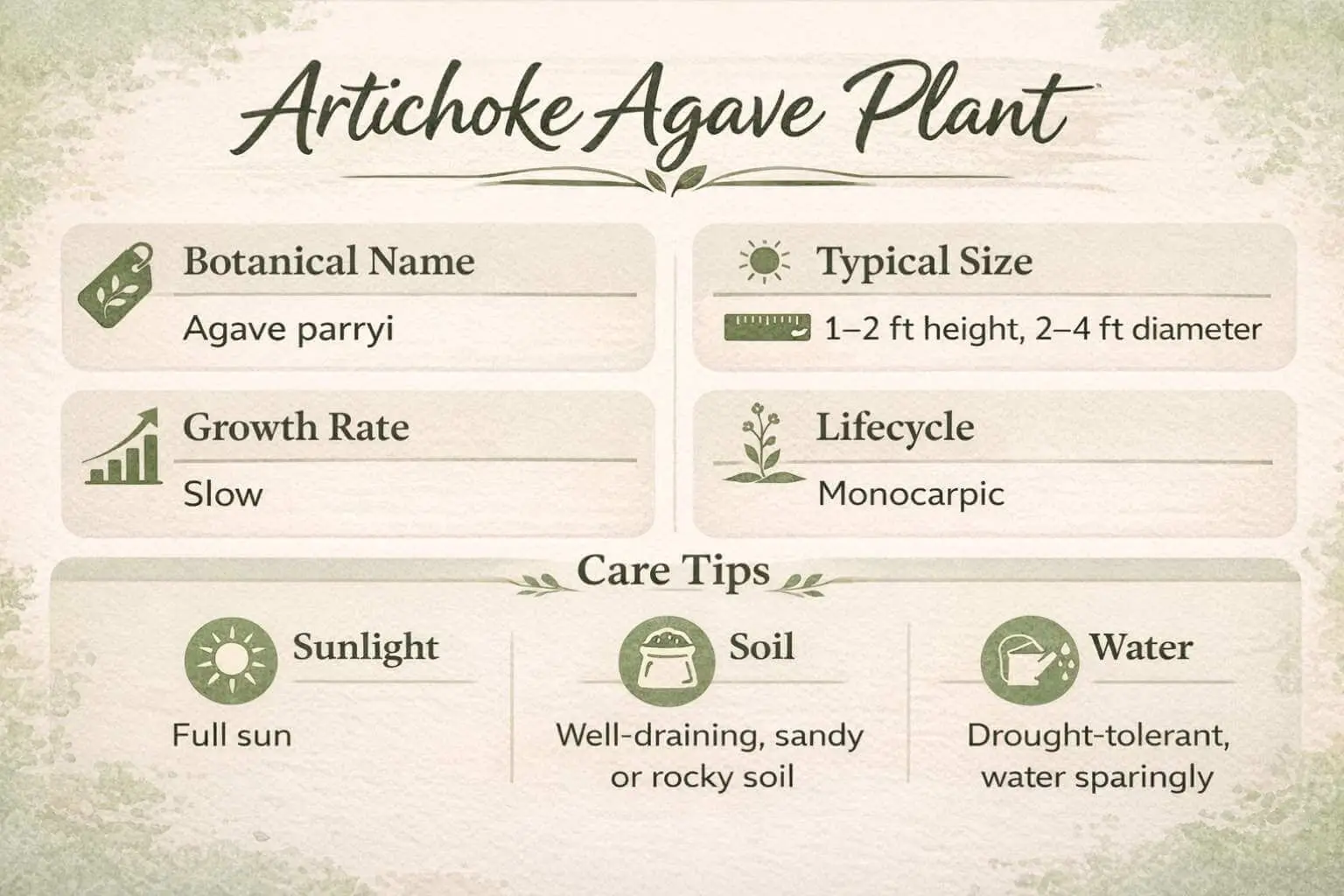 SEO infographic of artichoke agave plant showing size, growth, lifecycle, and care requirements