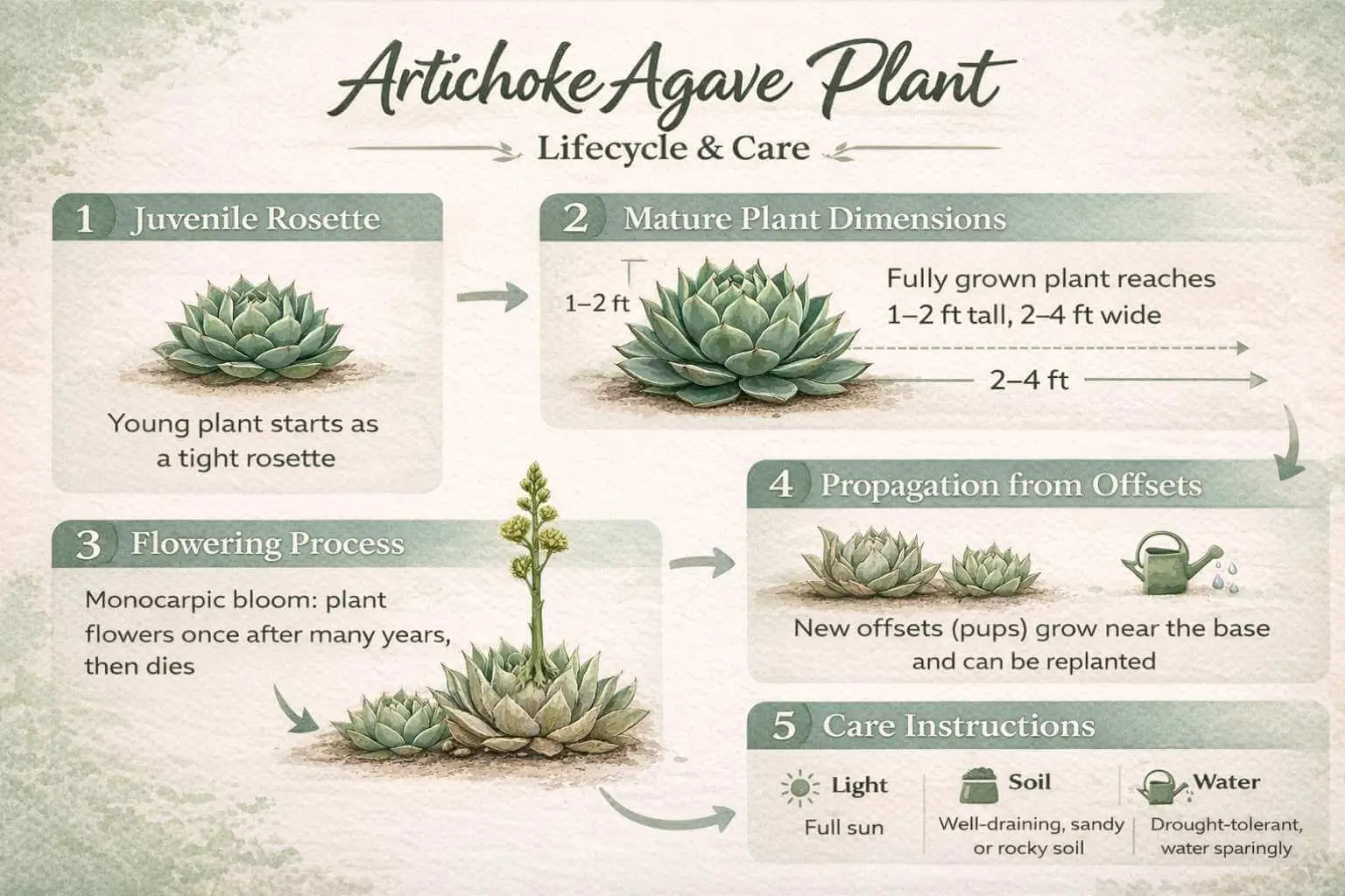 AIO infographic showing artichoke agave plant growth stages, lifecycle, and care instructions