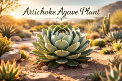 Artichoke agave plant with symmetrical rosette leaves in desert garden sunlight