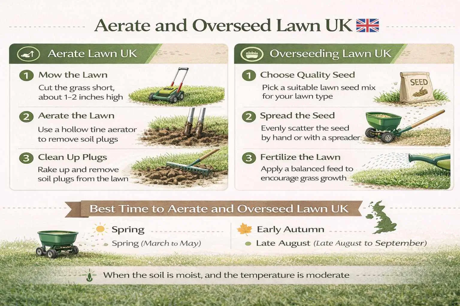 Step-by-step infographic for best time to aerate and overseed lawn UK with aeration and overseeding tools