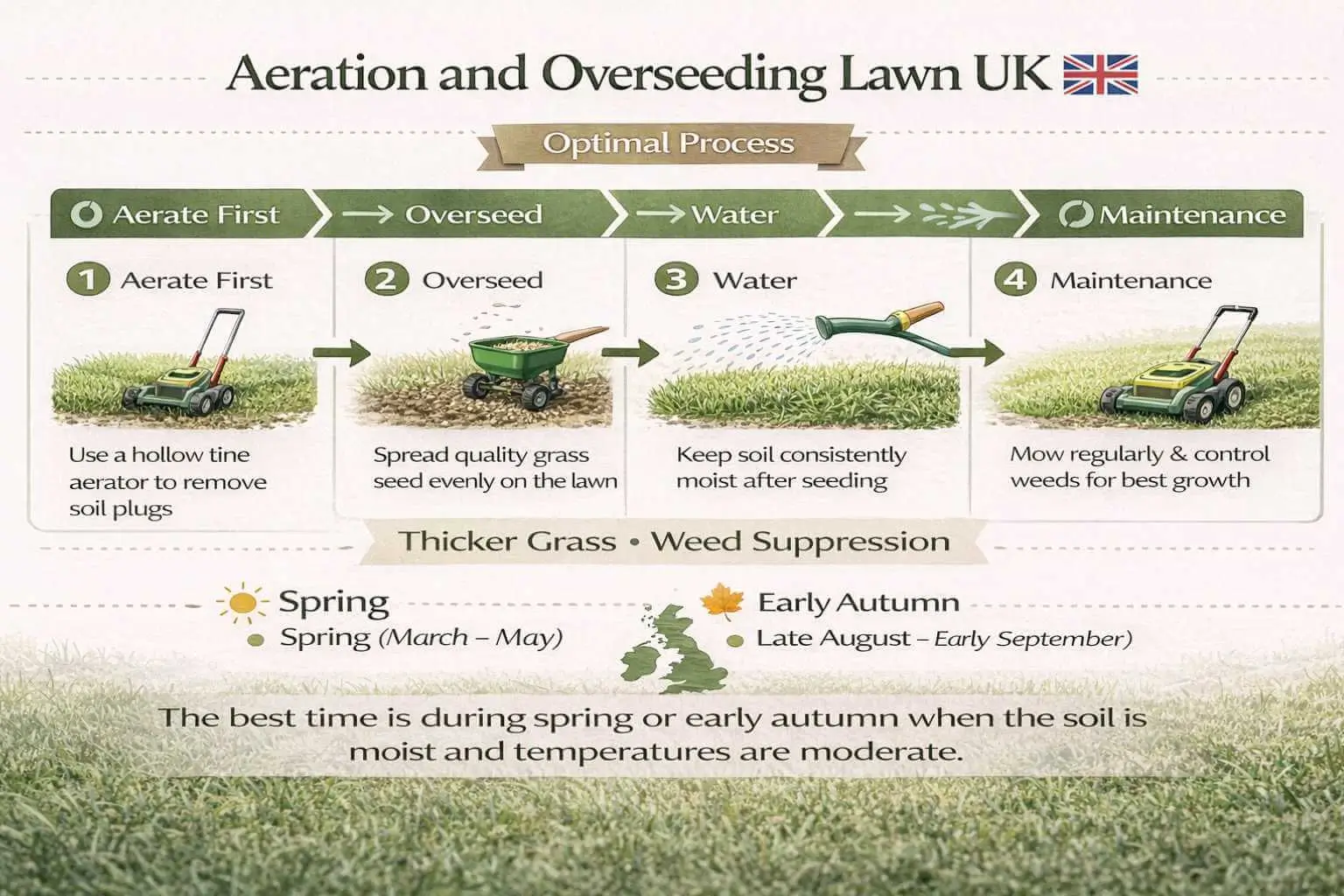 Flowchart showing best time to aerate and overseed lawn UK with aeration before overseeding process