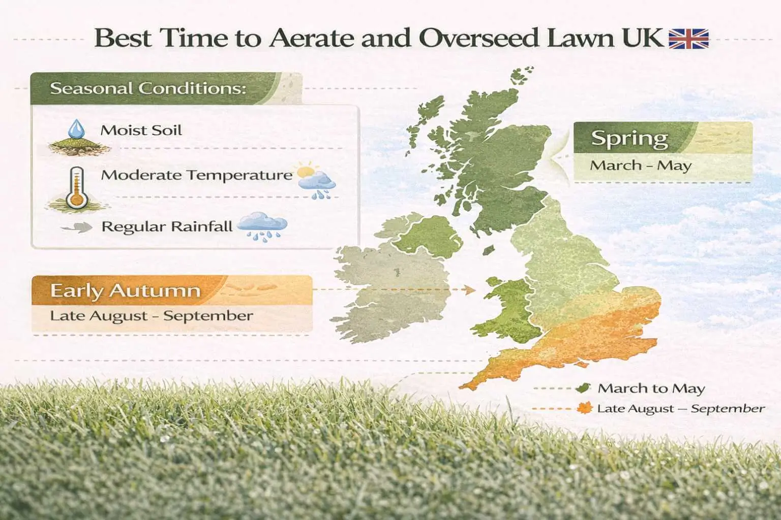 UK map infographic showing best time to aerate and overseed lawn UK with seasonal guidance