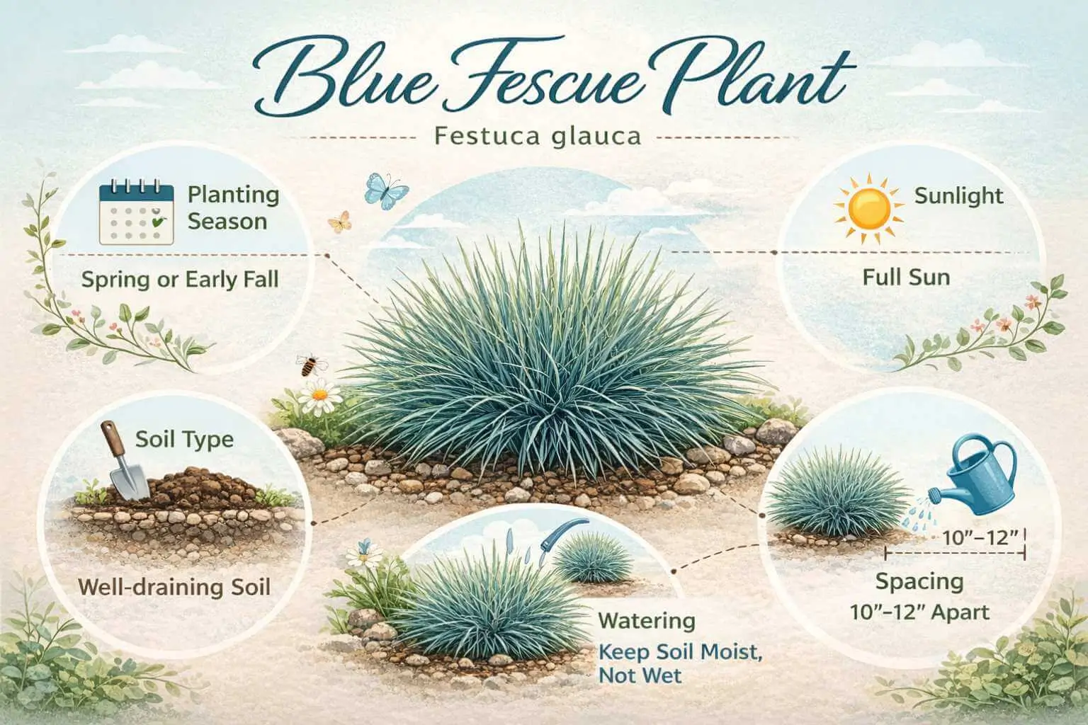 SEO infographic for Blue Fescue Plant showing planting, soil, sunlight, watering, and spacing tips.