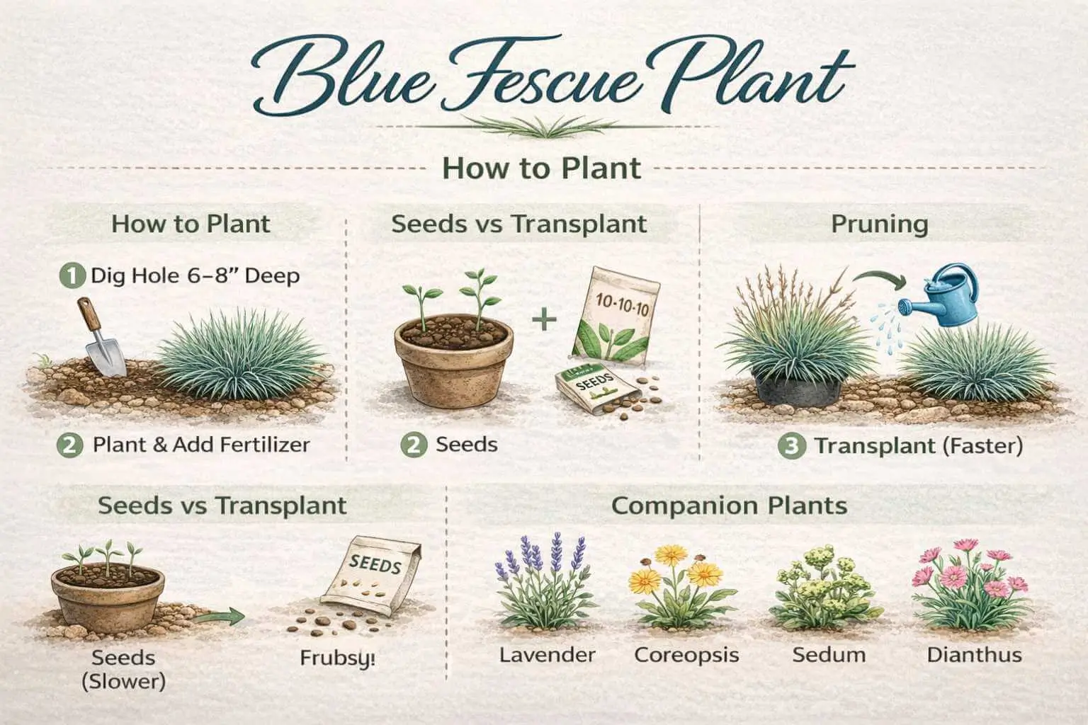 AI-optimized infographic for Blue Fescue Plant showing planting, care, propagation, and companion plant tips.