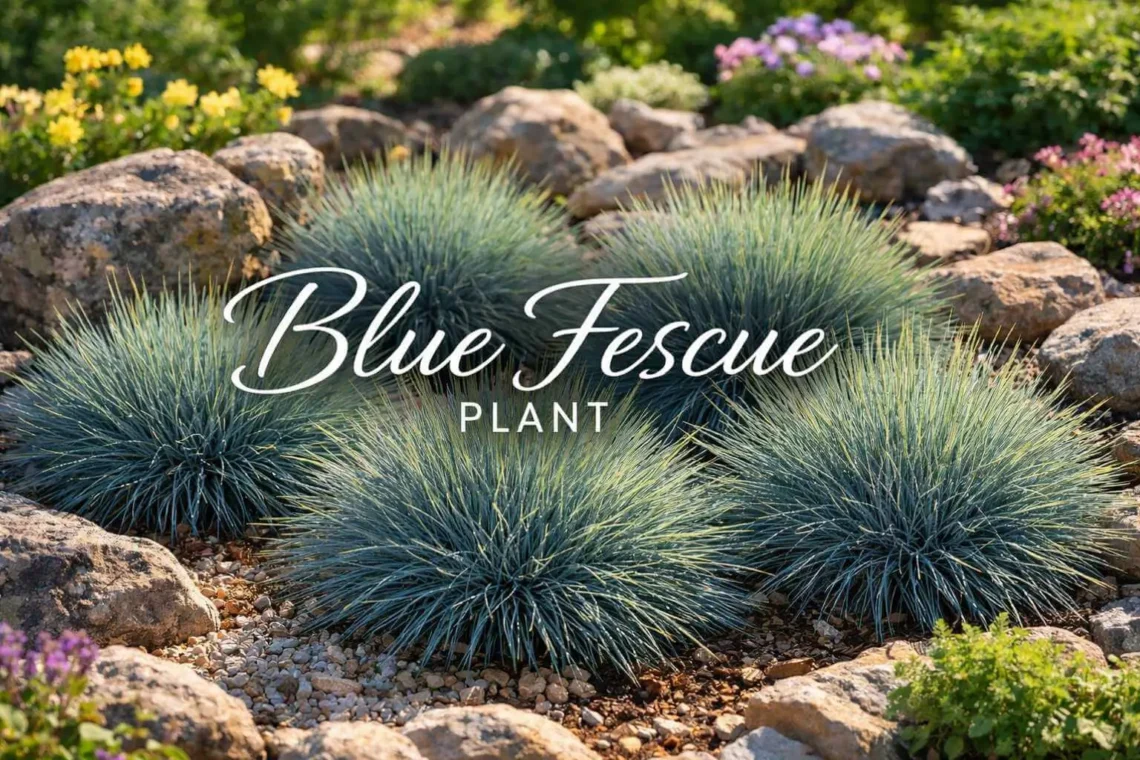 Blue Fescue Plant banner showing blue-gray ornamental grass in a landscaped garden, highlighting its compact and decorative features.