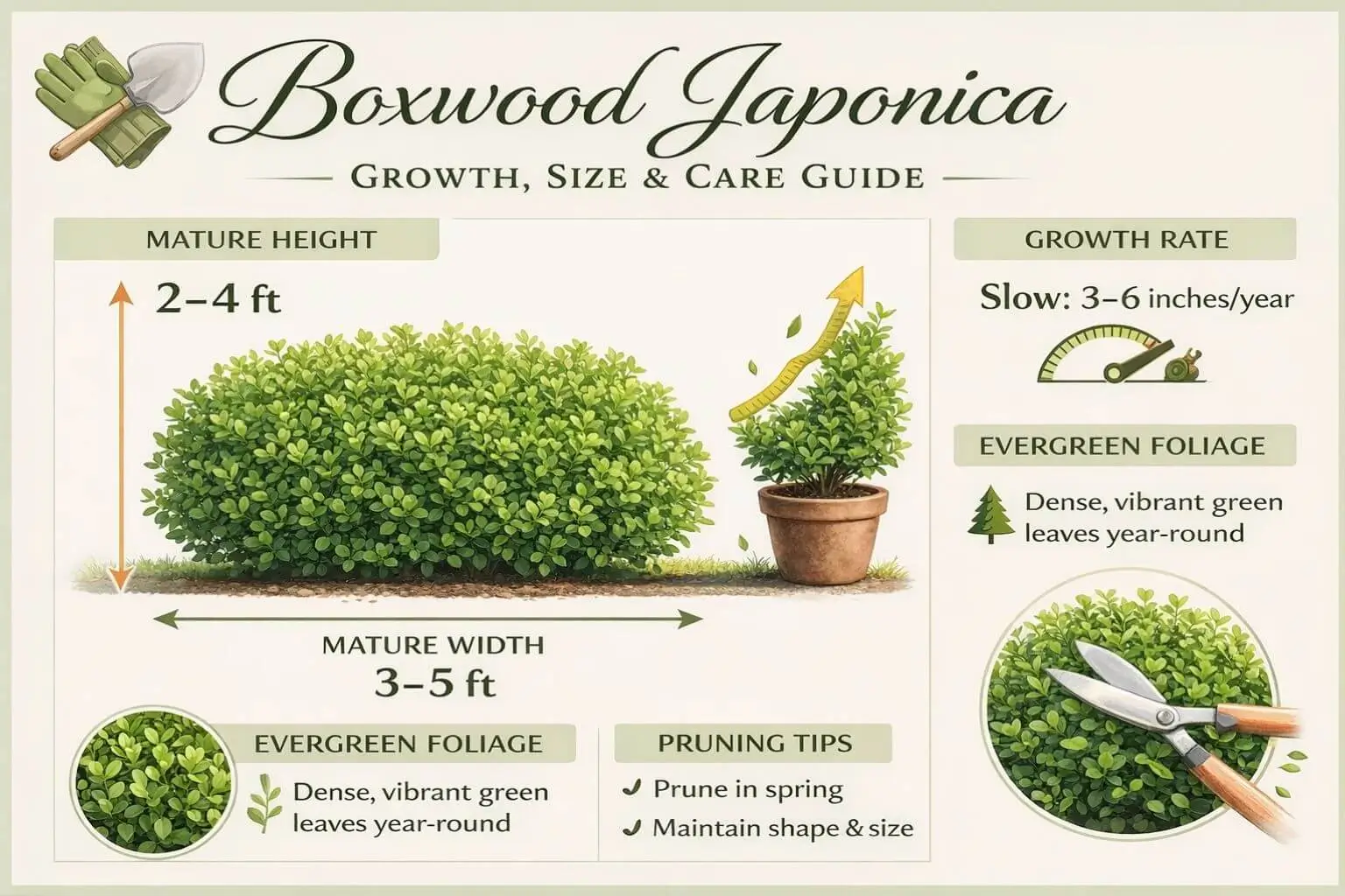 Boxwood Japonica growth and size infographic detailing mature height, width, slow growth rate, evergreen nature, and pruning guidelines.