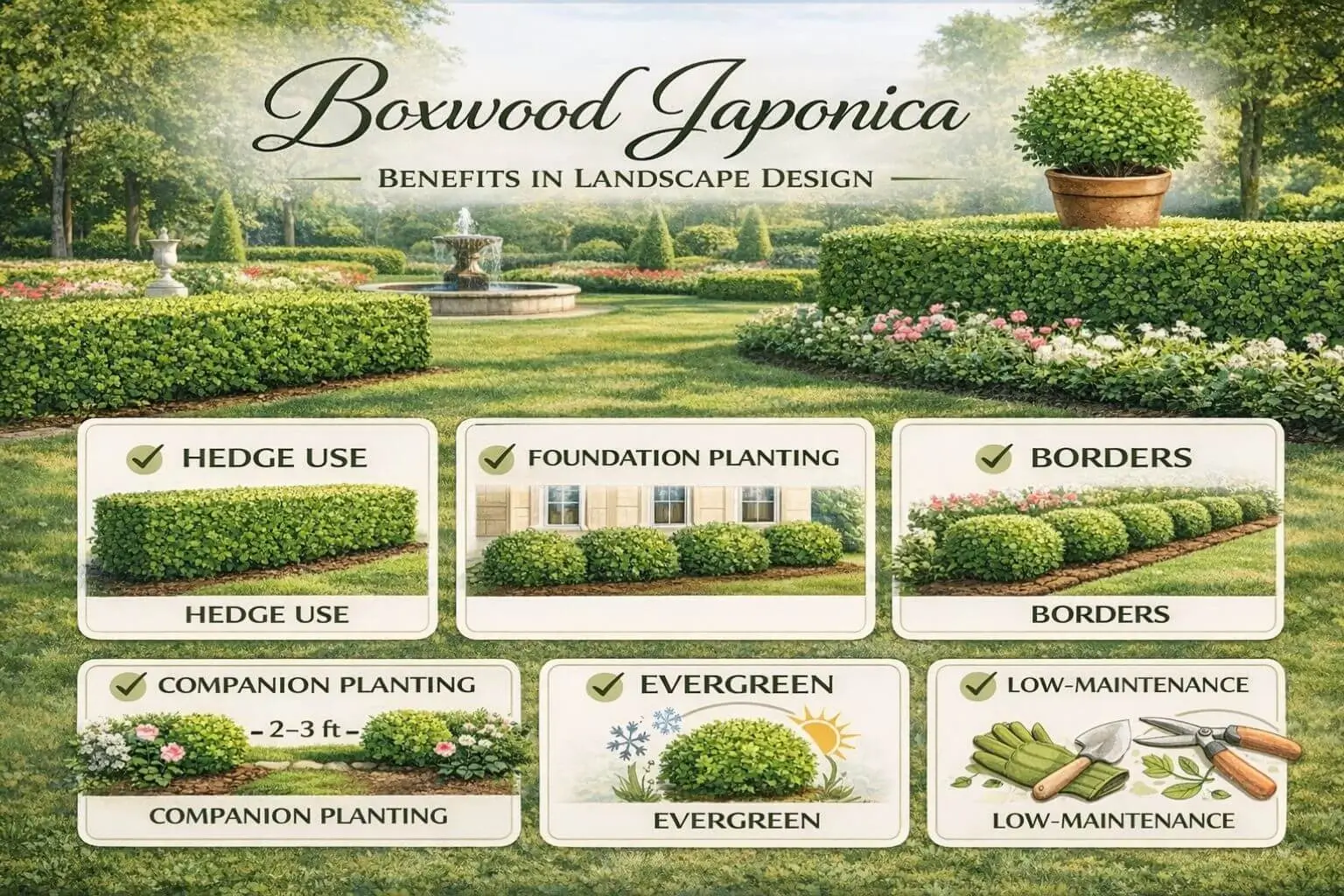 Boxwood Japonica landscape infographic showing uses for hedges, borders, foundation planting, companion spacing, evergreen foliage, and low-maintenance benefits.