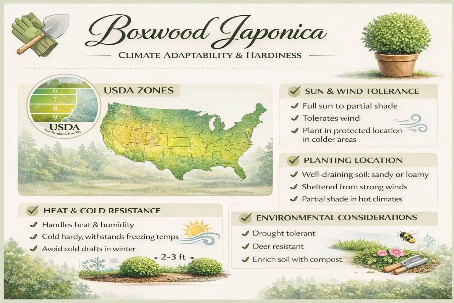 Boxwood Japonica hardiness infographic showing suitable USDA zones, sunlight and wind tolerance, temperature resistance, and environmental considerations.