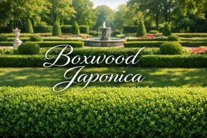 Boxwood Japonica hedge in a formal garden, showcasing dense evergreen foliage, perfect for landscaping and hedges.