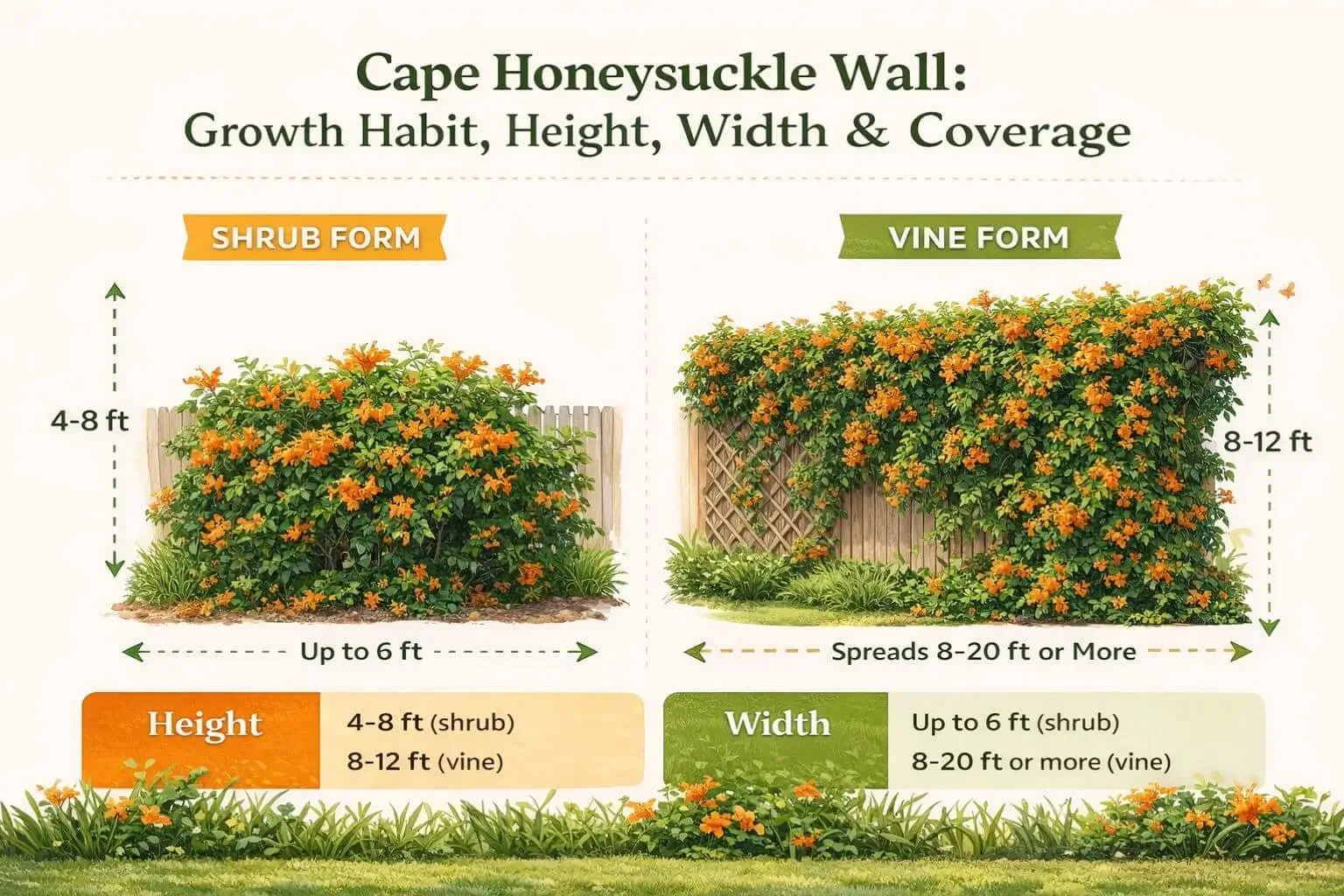 Cape honeysuckle wall growth diagram showing height, width, and climbing behavior