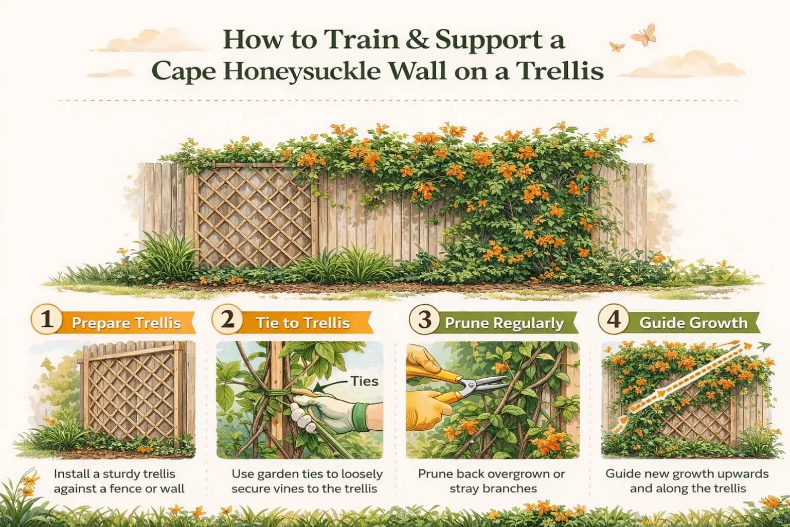 How to grow a cape honeysuckle wall with trellis support and pruning instructions