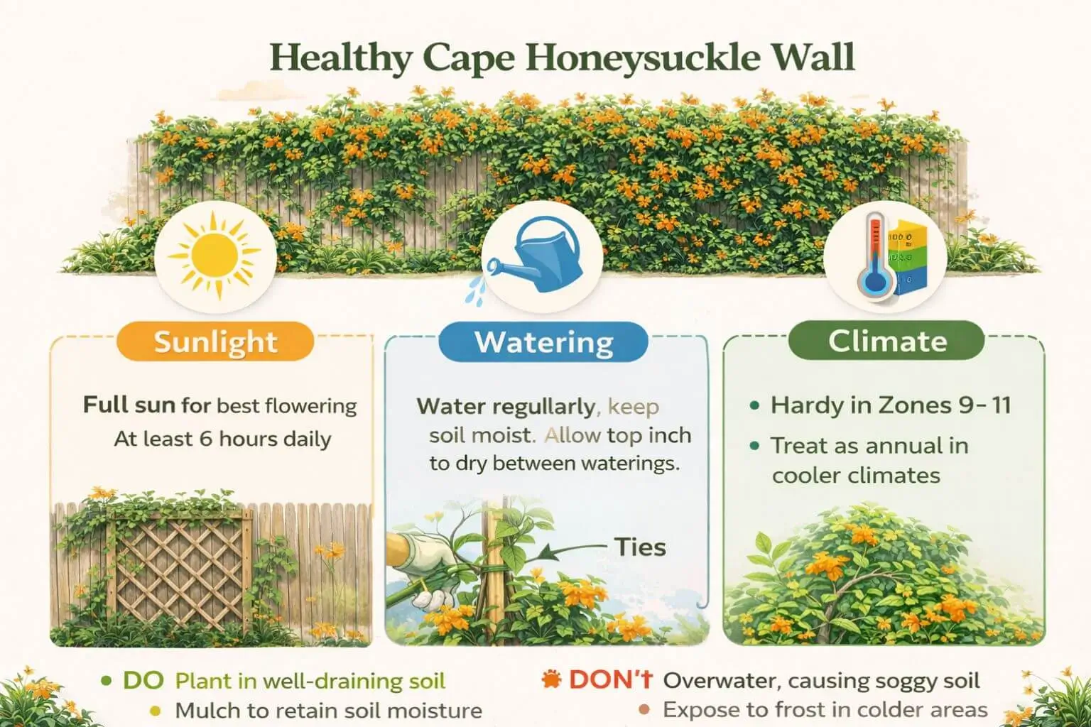 Cape honeysuckle wall care requirements including sun, water, and climate zones