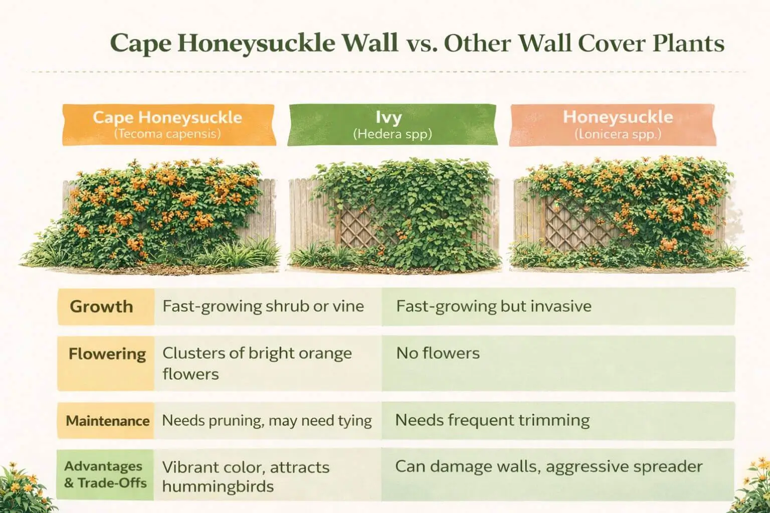Comparison of cape honeysuckle wall with other wall cover plants showing growth, flowers, and care differences