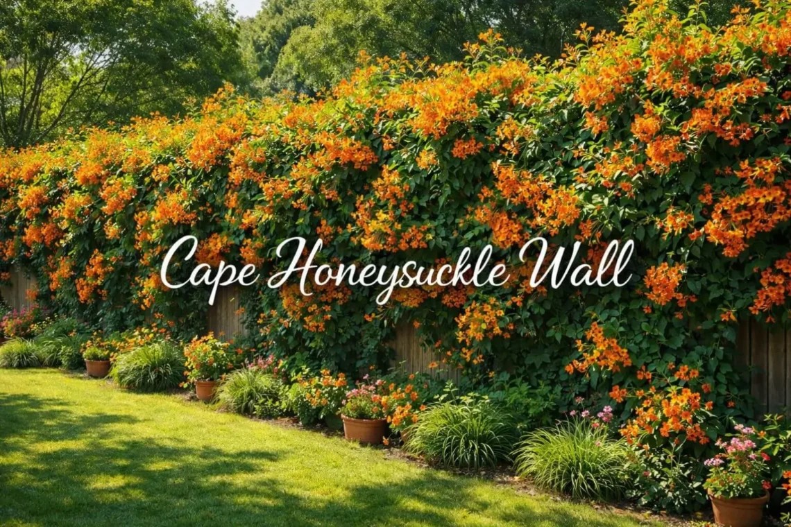 Cape honeysuckle wall in full bloom on garden fence with bright orange flowers and green foliage
