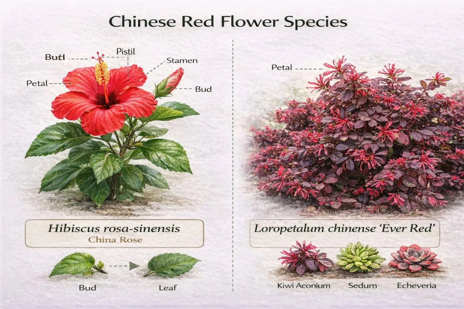 Most recognized Chinese red flower species Hibiscus rosa-sinensis and Ever Red Loropetalum with botanical details and red flowers in China.