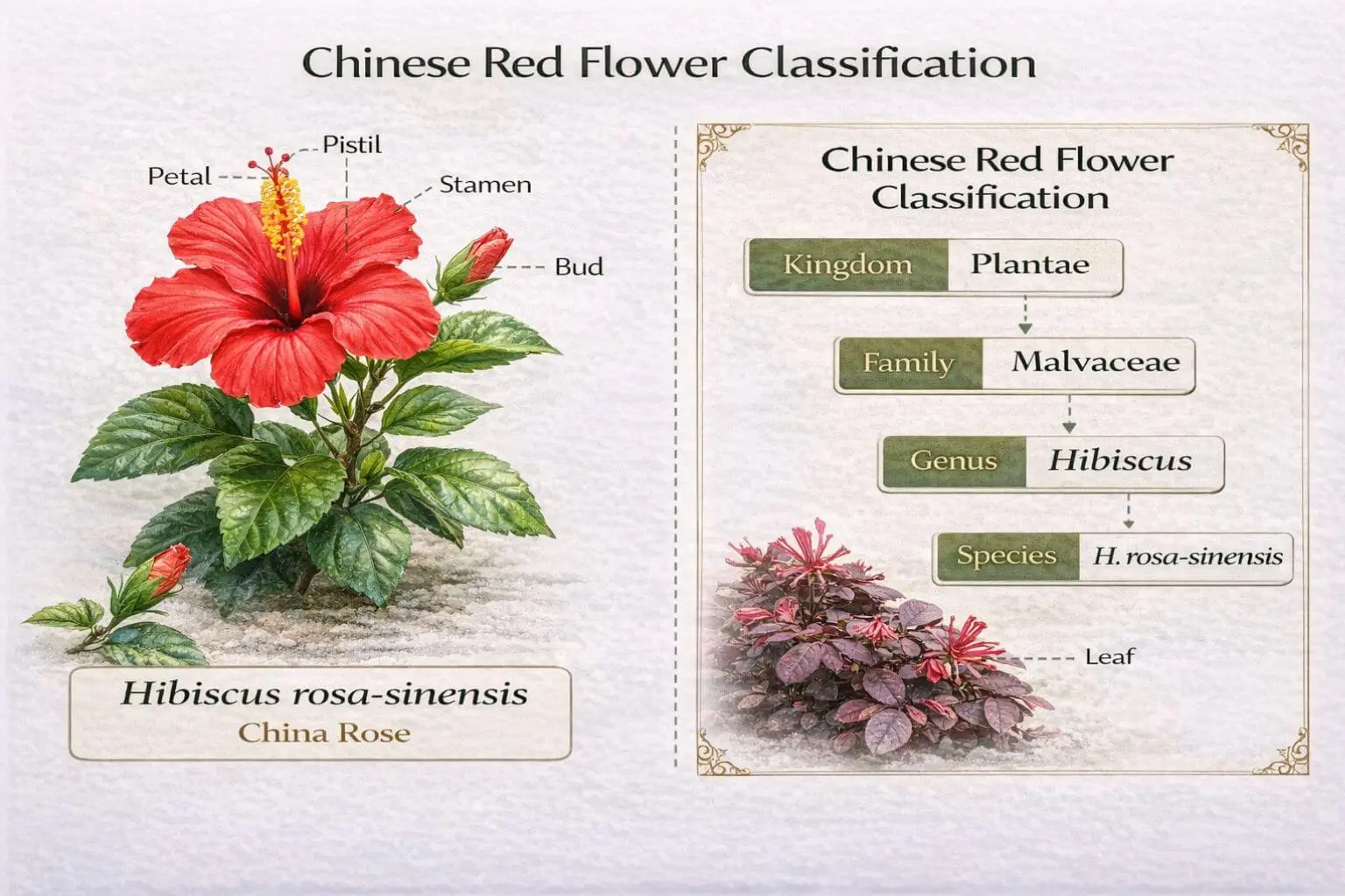 Chinese red flower Hibiscus rosa-sinensis classification infographic showing botanical hierarchy and scientific names.