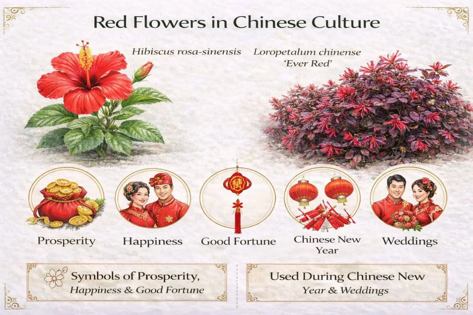 Chinese red flower symbolism infographic highlighting red flowers in China, cultural meanings, prosperity, and happiness.