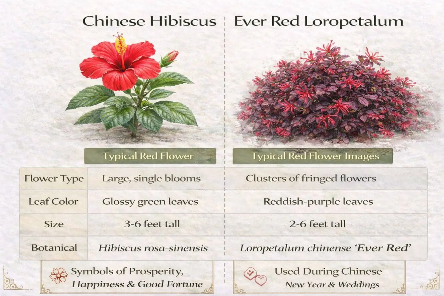 Comparison infographic of Chinese red flower Hibiscus rosa-sinensis vs Ever Red Loropetalum, highlighting differences in flower type, leaf color, and size.