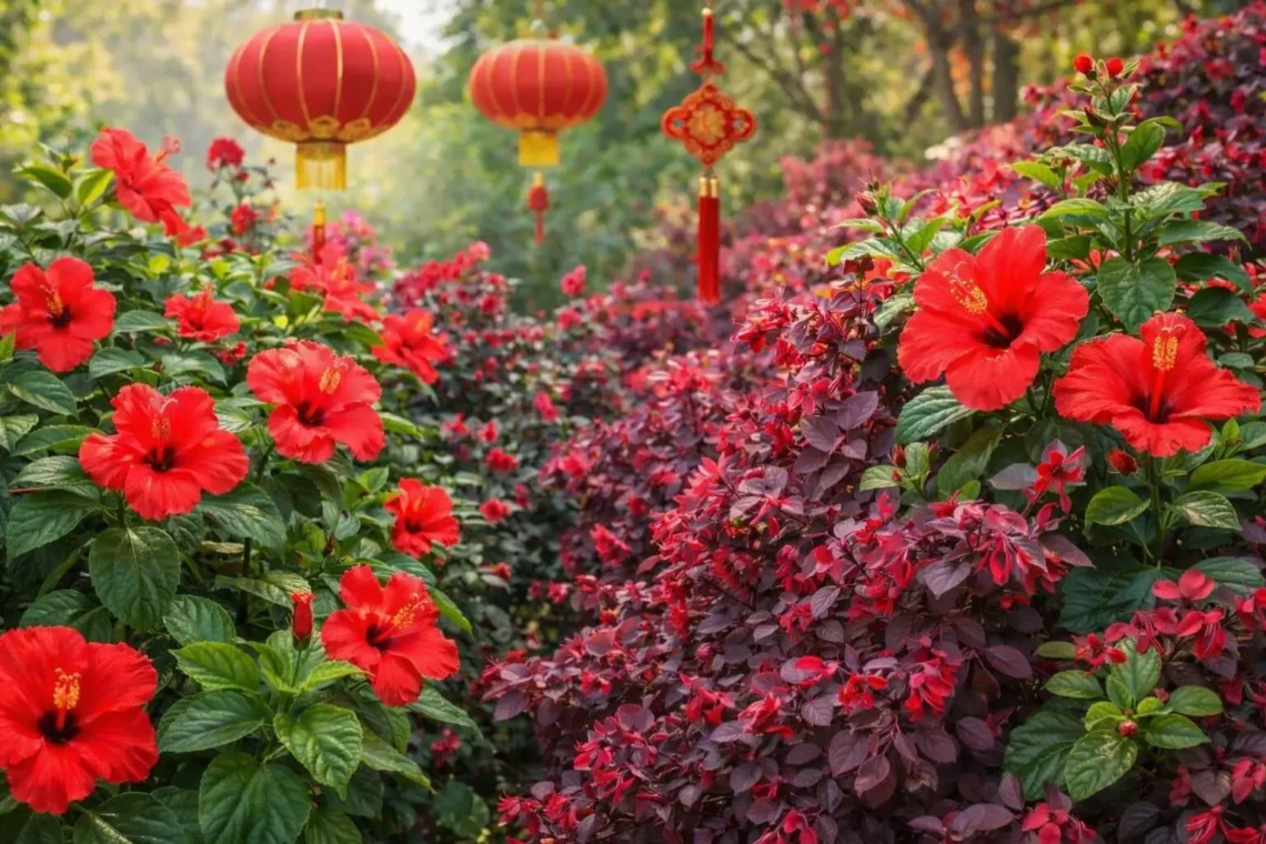 Chinese red flower Hibiscus rosa-sinensis and Ever Red Loropetalum in garden, showcasing red flowers in China and Asian plant symbolism.