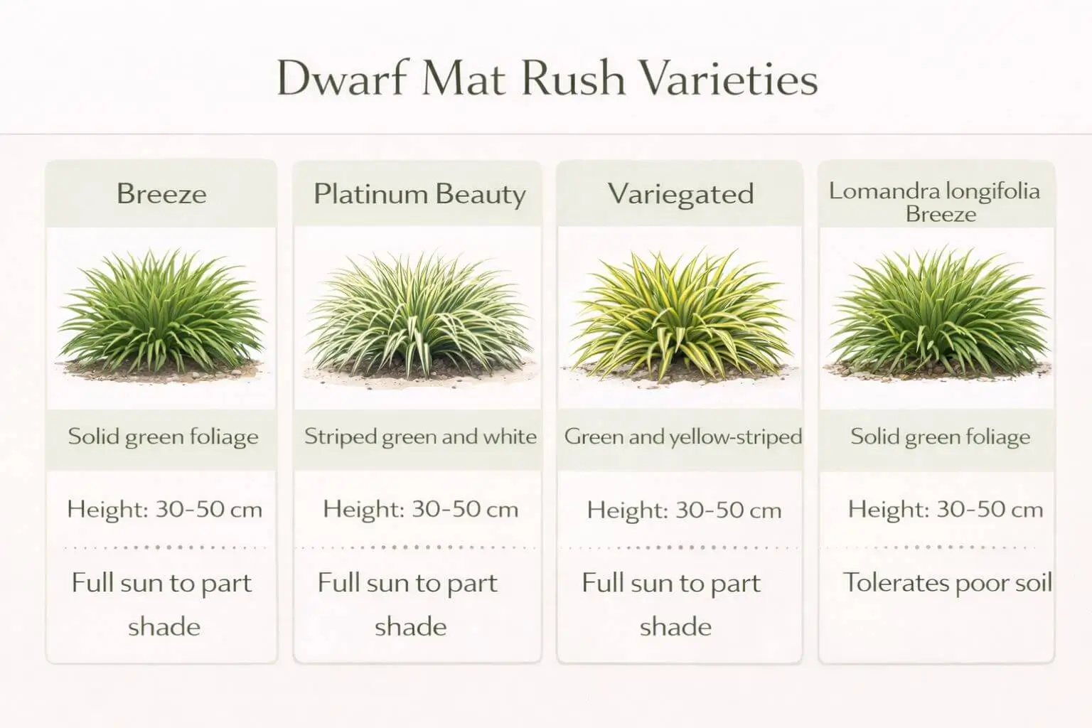 Dwarf mat rush varieties including Breeze, Platinum Beauty, Variegated, and Lomandra Longifolia Breeze with planting tips and height details.