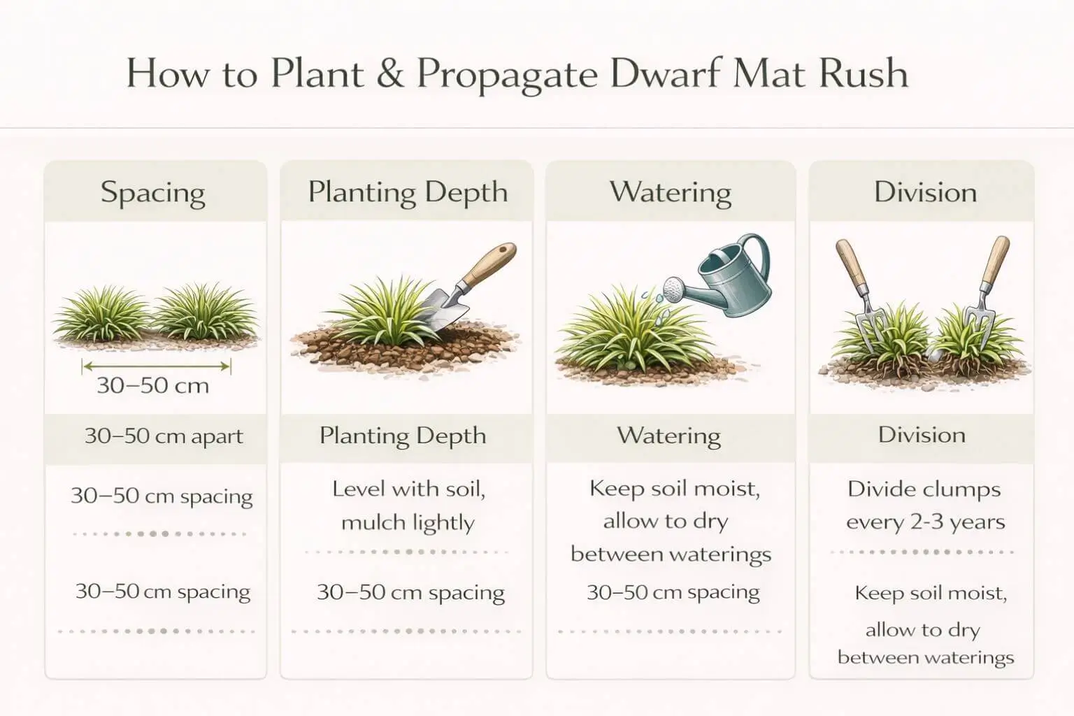 Dwarf mat rush planting guide showing spacing, watering, and clump division for healthy growth and propagation.