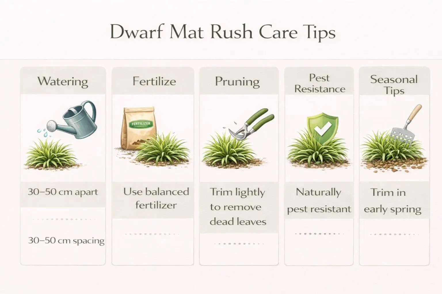 Dwarf mat rush care tips including watering, fertilization, pruning, and pest management for low-maintenance ornamental grass.