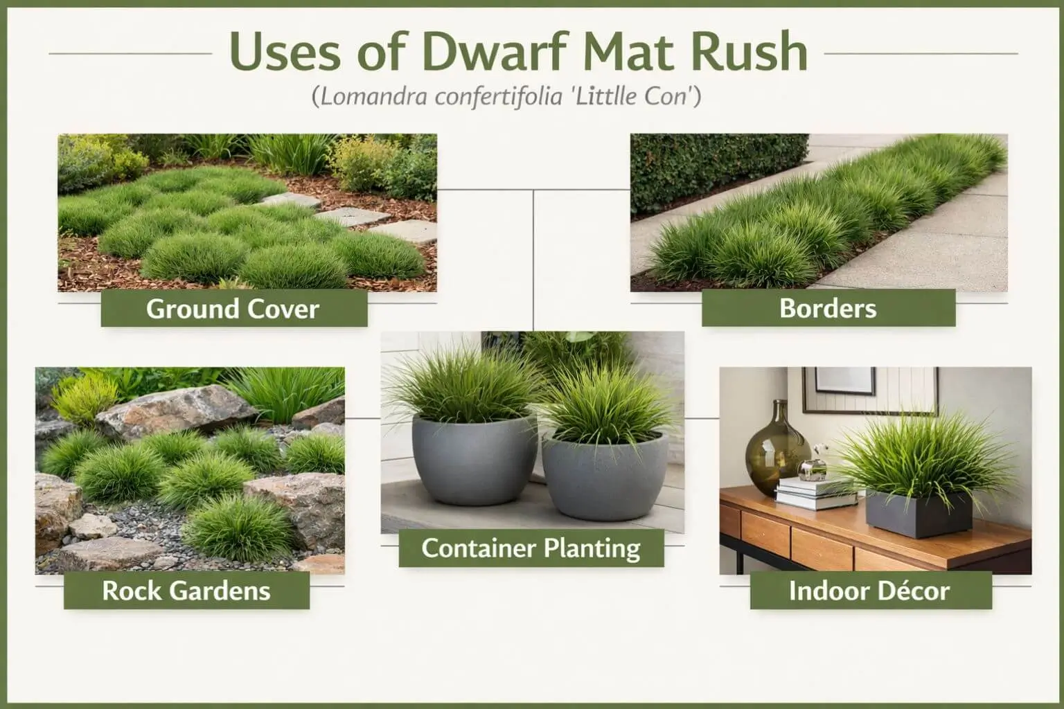 Dwarf mat rush landscaping ideas showing ground cover, borders, rock gardens, container planting, and indoor ornamental use.