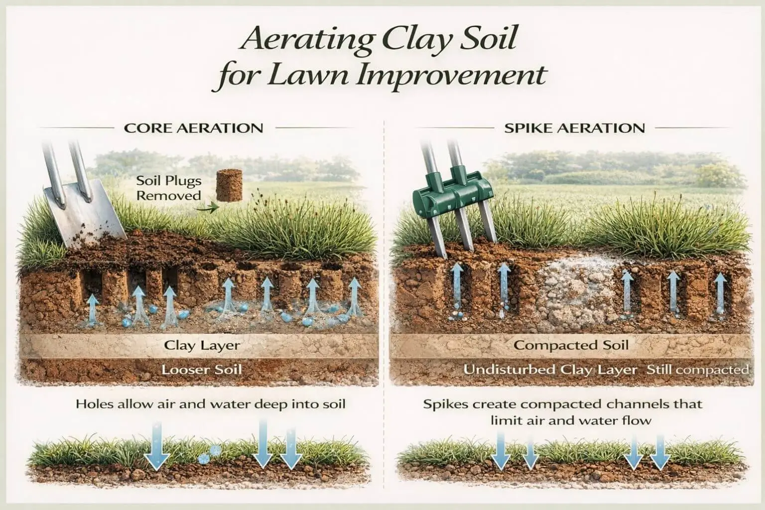 How to improve clay soil for lawns: aeration techniques for better water infiltration and root growth.
