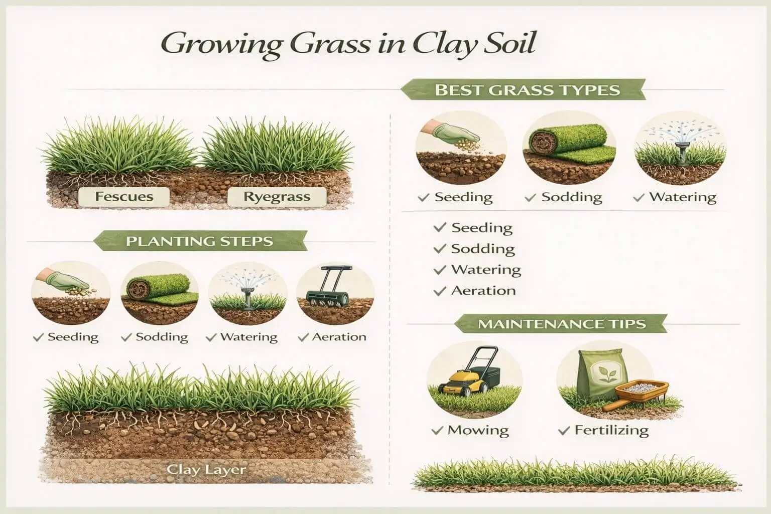 How to improve clay soil for lawns: planting, grass selection, and maintenance strategies for healthy turf.