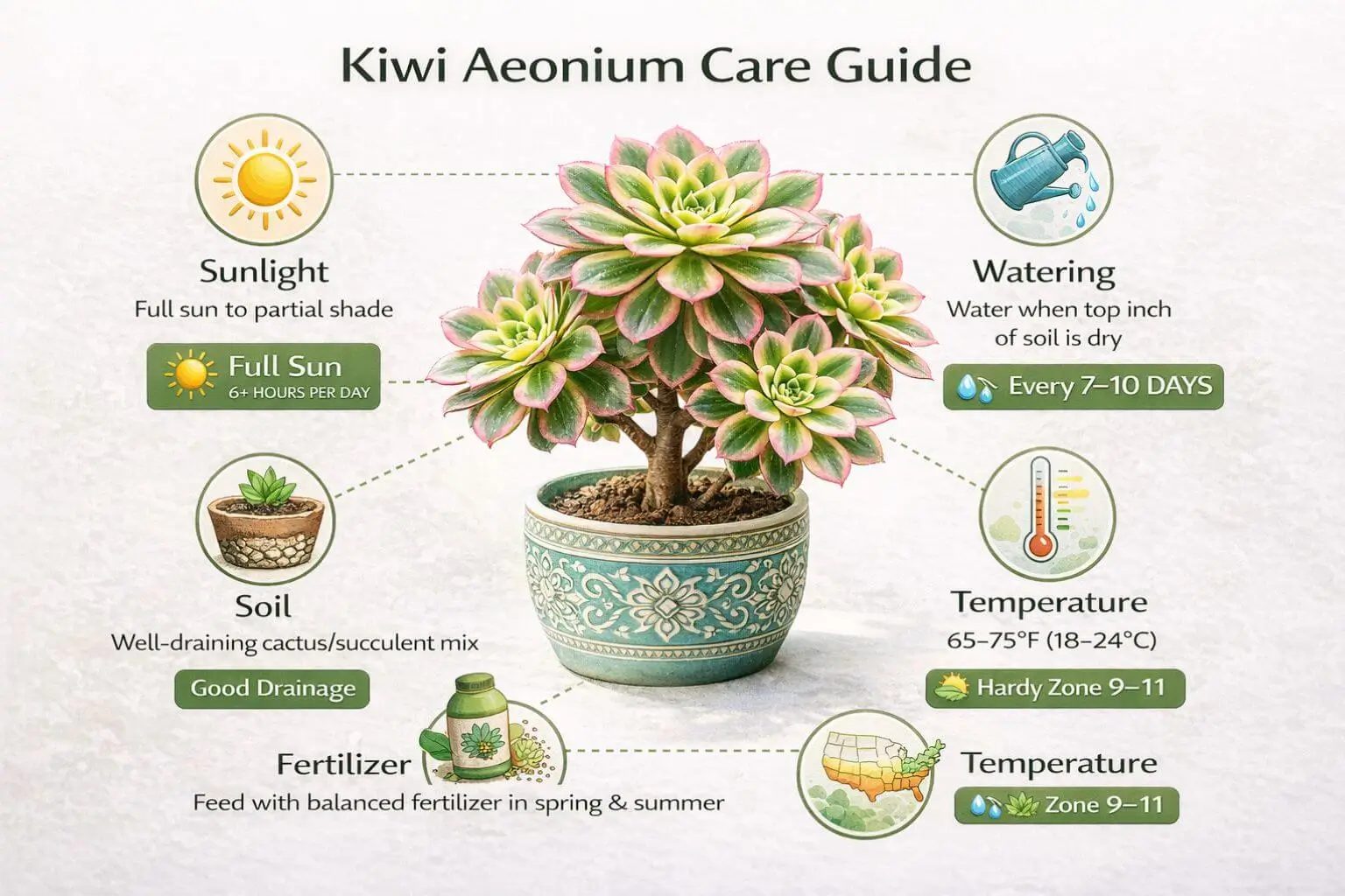 Kiwi aeonium care guide infographic showing sunlight, watering, soil, temperature, and fertilization tips for healthy growth.