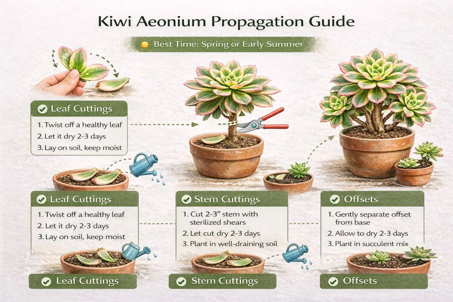 Kiwi aeonium propagation infographic showing leaf cuttings, stem cuttings, and offsets with seasonal tips.