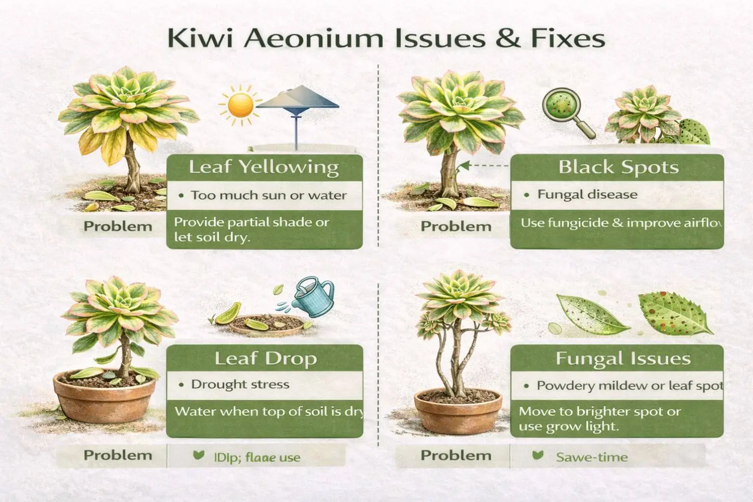 Kiwi aeonium common problems infographic showing yellow leaves, leaf drop, black spots, and indoor care challenges with solutions.