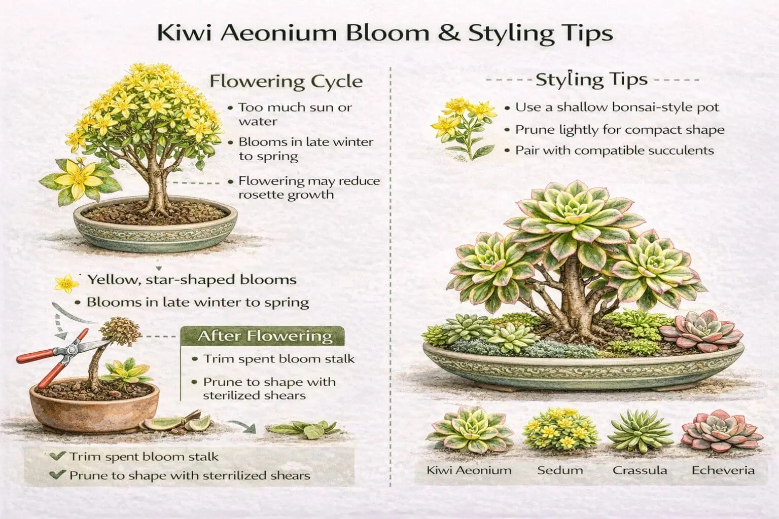 Kiwi aeonium flowering and styling infographic showing bloom cycle, bonsai arrangement, pruning tips, and companion plant ideas.