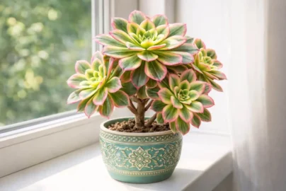 Vibrant kiwi aeonium succulent with colorful variegated rosettes in a decorative pot, perfect for indoor succulent collections.